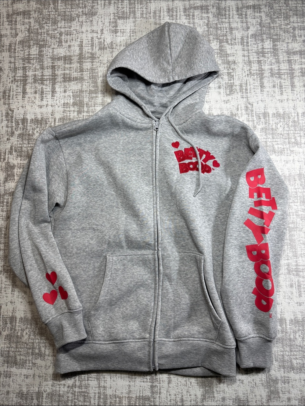 Betty Boop Gray Zip-Up Hoodie with Red Logo and Hearts size M 25.5X20.5PTP